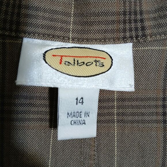 Talbots Women 14 Brown Plaid 100% Cotton V Neck Blazer Office Business - Picture 6 of 12